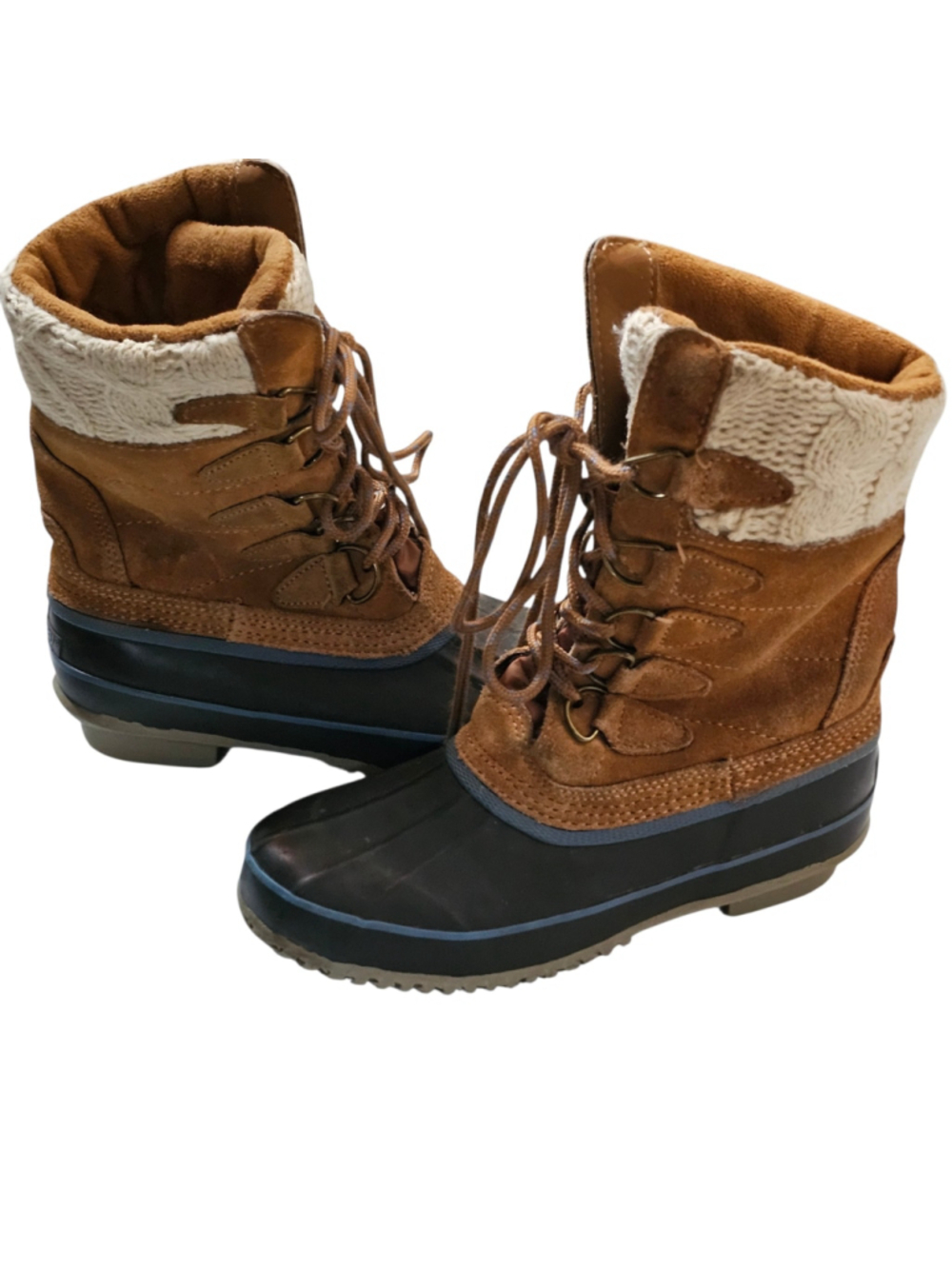 Khombu Vail Womens 6 M Brown Suede Duck Boots Faux Fur Cable Knit Winter